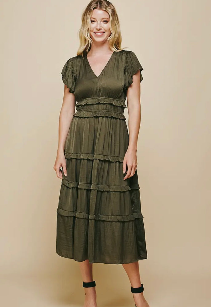 Tiered Midi Length Dress Satin