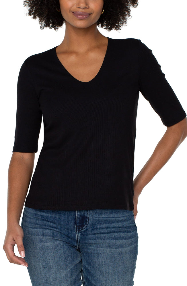 V Neck 1/2 Sleeve Rib Knit Top