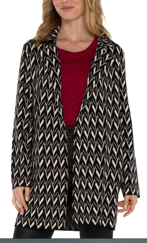 Open Front Coatigan Sweater  Black/Cream Chevron